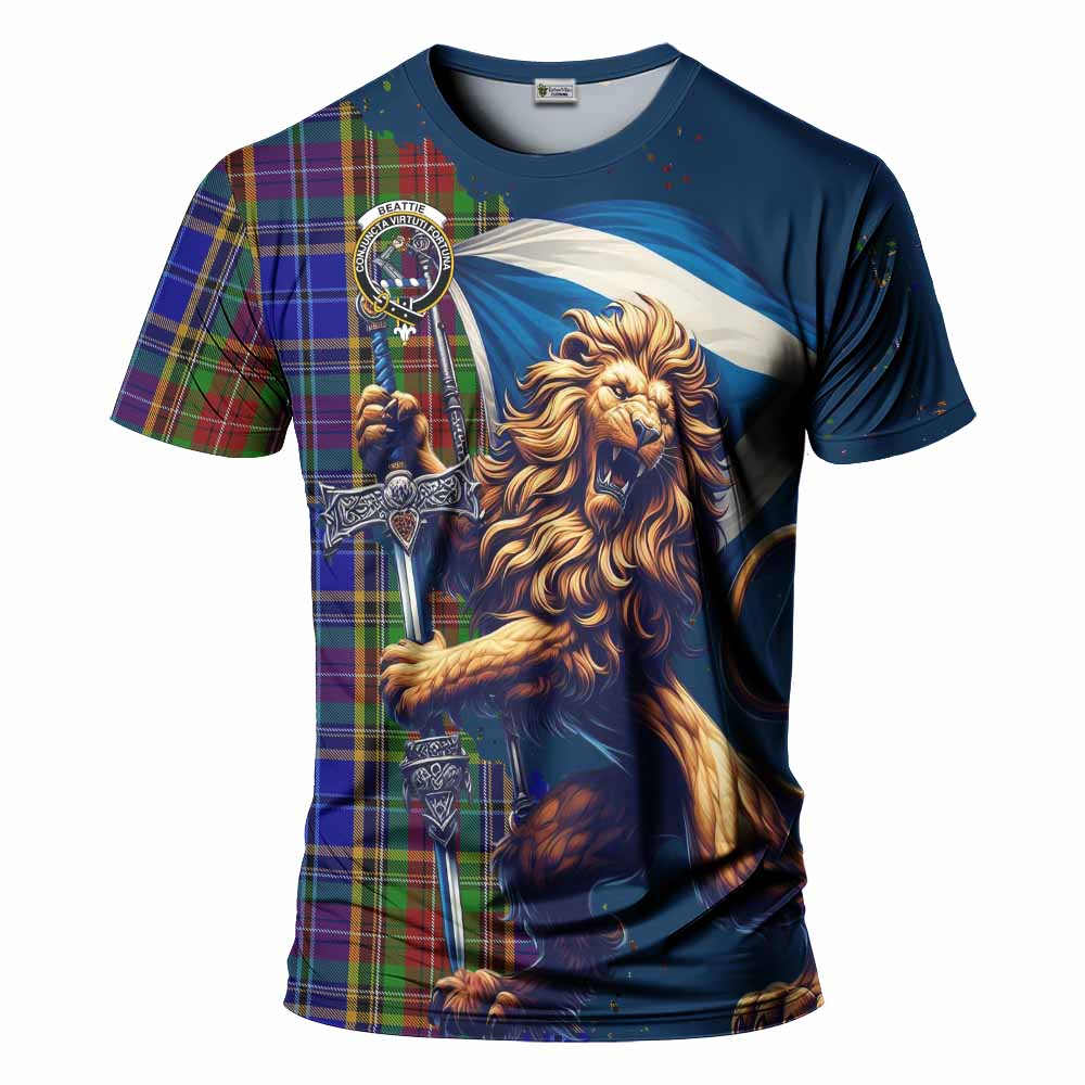Tartan Vibes Clothing Beattie (Beatty) Tartan Family Crest T-Shirt with Scottish Majestic Lion