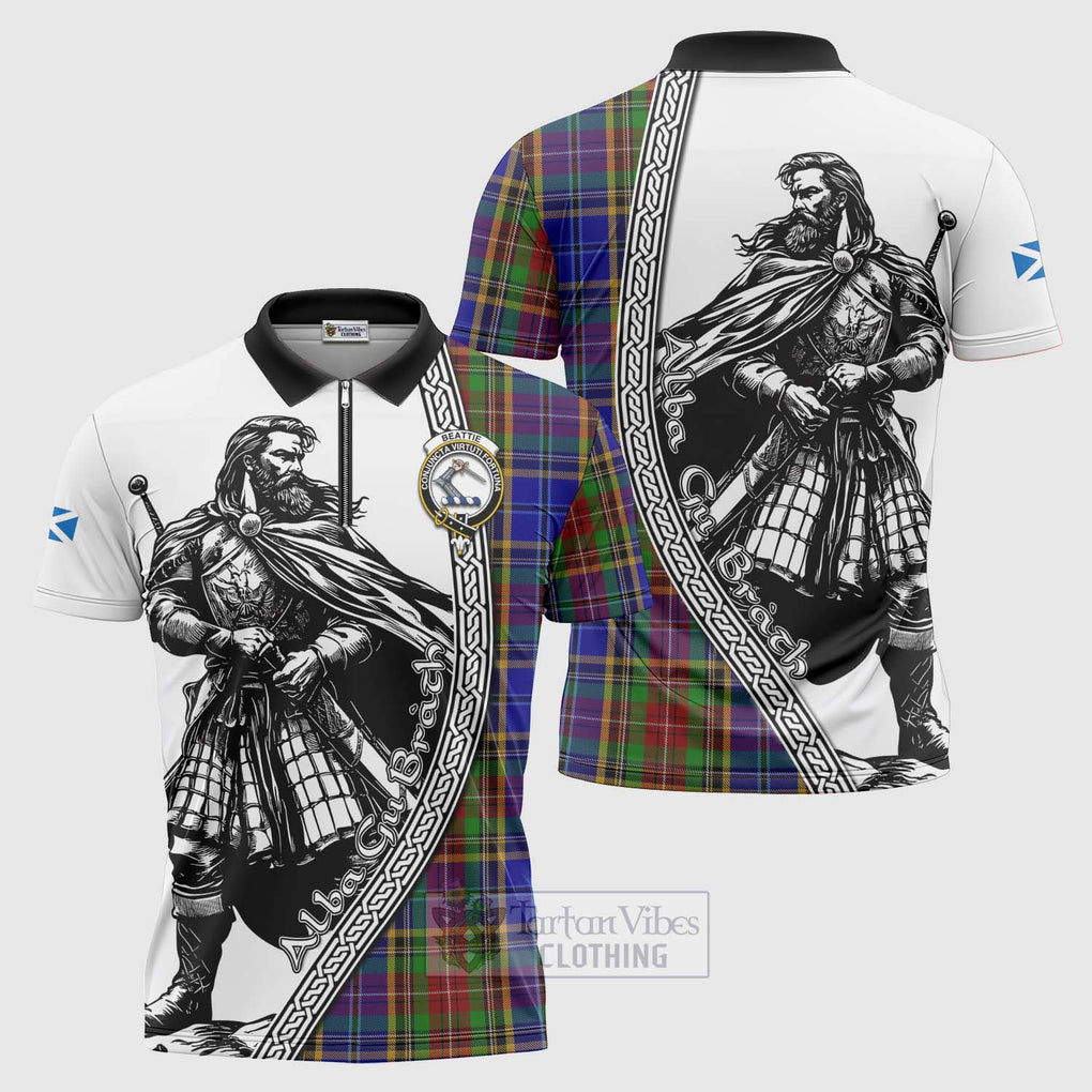 Beattie (Beatty) Tartan Clan Crest Zipper Polo Shirt with Highlander Warrior Celtic Style Unisex - Tartan Vibes Clothing