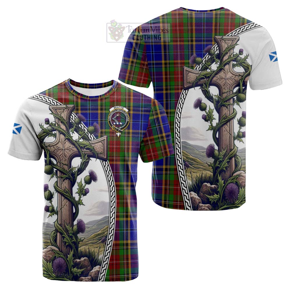 Tartan Vibes Clothing Beattie (Beatty) Tartan Cotton T-shirt with Family Crest and St. Andrew's Cross Accented by Thistle Vines