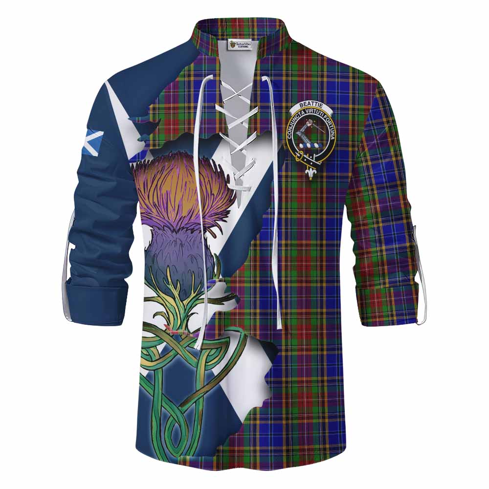 Tartan Vibes Clothing Beattie (Beatty) Tartan Family Crest Ghillie Kilt Shirt Scottish Thistle Celtic Inspired