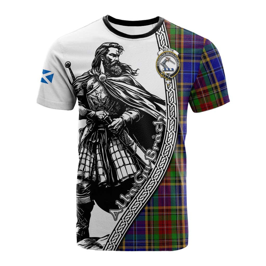 Beattie (Beatty) Tartan Clan Crest Cotton T-shirt with Highlander Warrior Celtic Style