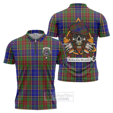 Beattie (Beatty) Tartan Zipper Polo Shirt with Family Crest and Bearded Skull Holding Bottles of Whiskey Unisex - Tartan Vibes Clothing