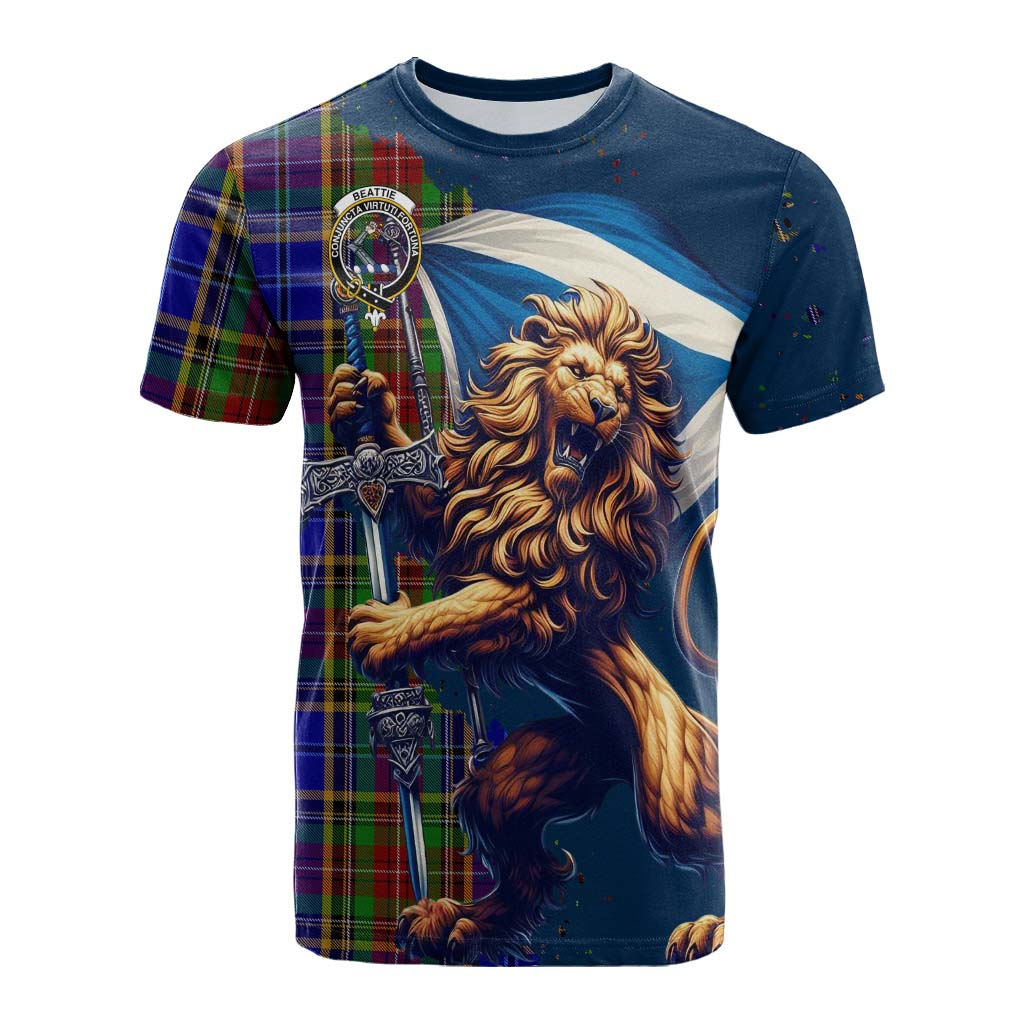 Tartan Vibes Clothing Beattie (Beatty) Tartan Family Crest Cotton T-shirt with Scottish Majestic Lion