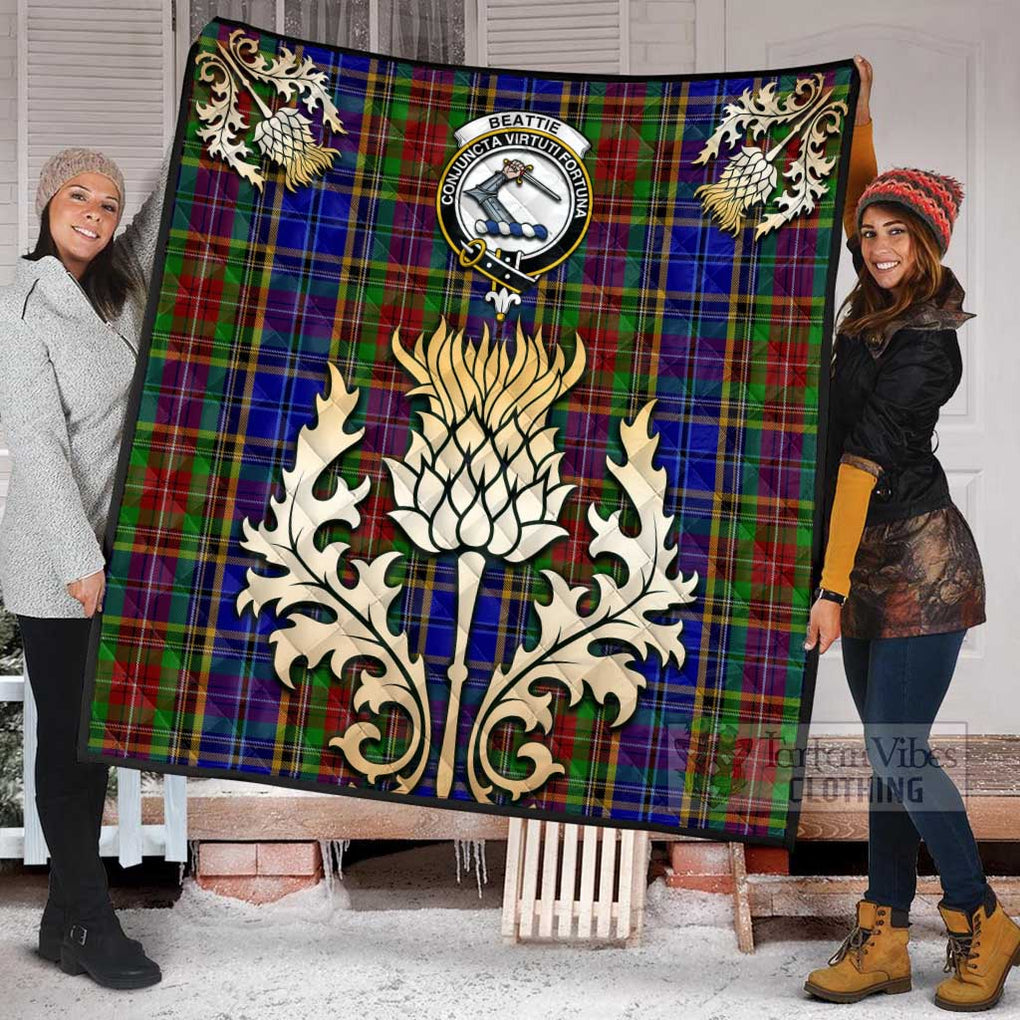 Beattie (Beatty) Tartan Quilt with Family Crest and Golden Thistle Style Super King Quilt 91" x 110" - Tartan Vibes Clothing