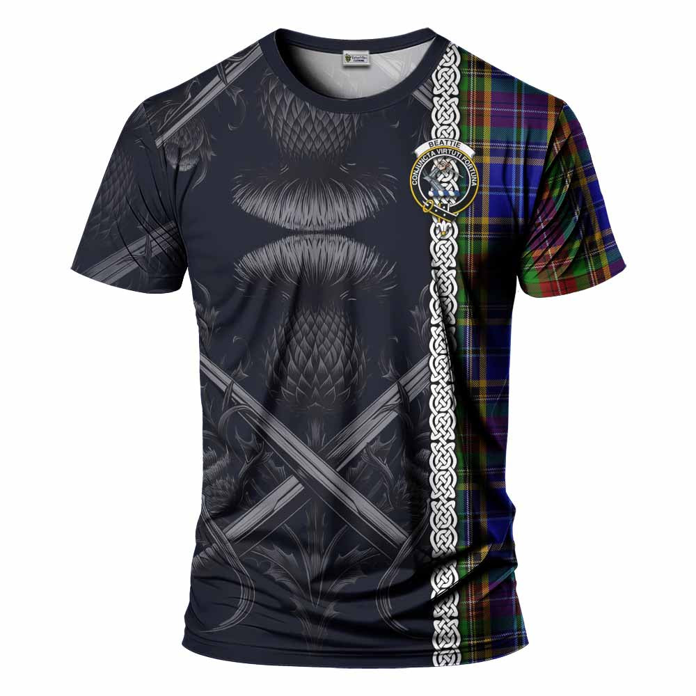 Tartan Vibes Clothing Beattie (Beatty) Tartan T-Shirt with Family Crest Cross Sword Thistle Celtic Vibes