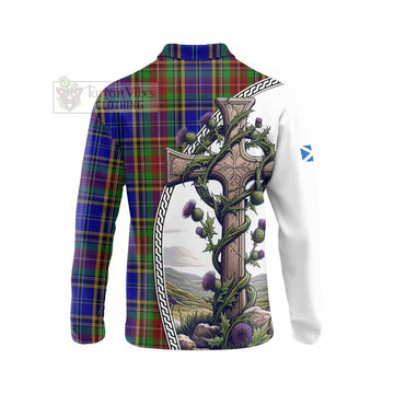 Beattie (Beatty) Tartan Long Sleeve Polo Shirt with Family Crest and St. Andrew's Cross Accented by Thistle Vines - Tartan Vibes Clothing
