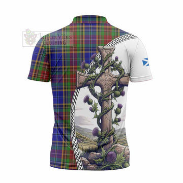 Beattie (Beatty) Tartan Zipper Polo Shirt with Family Crest and St. Andrew's Cross Accented by Thistle Vines - Tartan Vibes Clothing