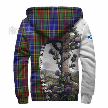 Beattie (Beatty) Tartan Sherpa Hoodie with Family Crest and St. Andrew's Cross Accented by Thistle Vines - Tartan Vibes Clothing