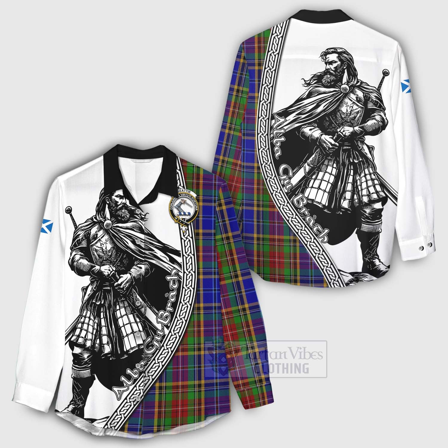 Beattie (Beatty) Tartan Clan Crest Women's Casual Shirt with Highlander Warrior Celtic Style - Tartan Vibes Clothing