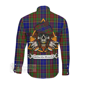 Beattie (Beatty) Tartan Long Sleeve Button Shirt with Family Crest and Bearded Skull Holding Bottles of Whiskey Men's Shirt - Tartan Vibes Clothing