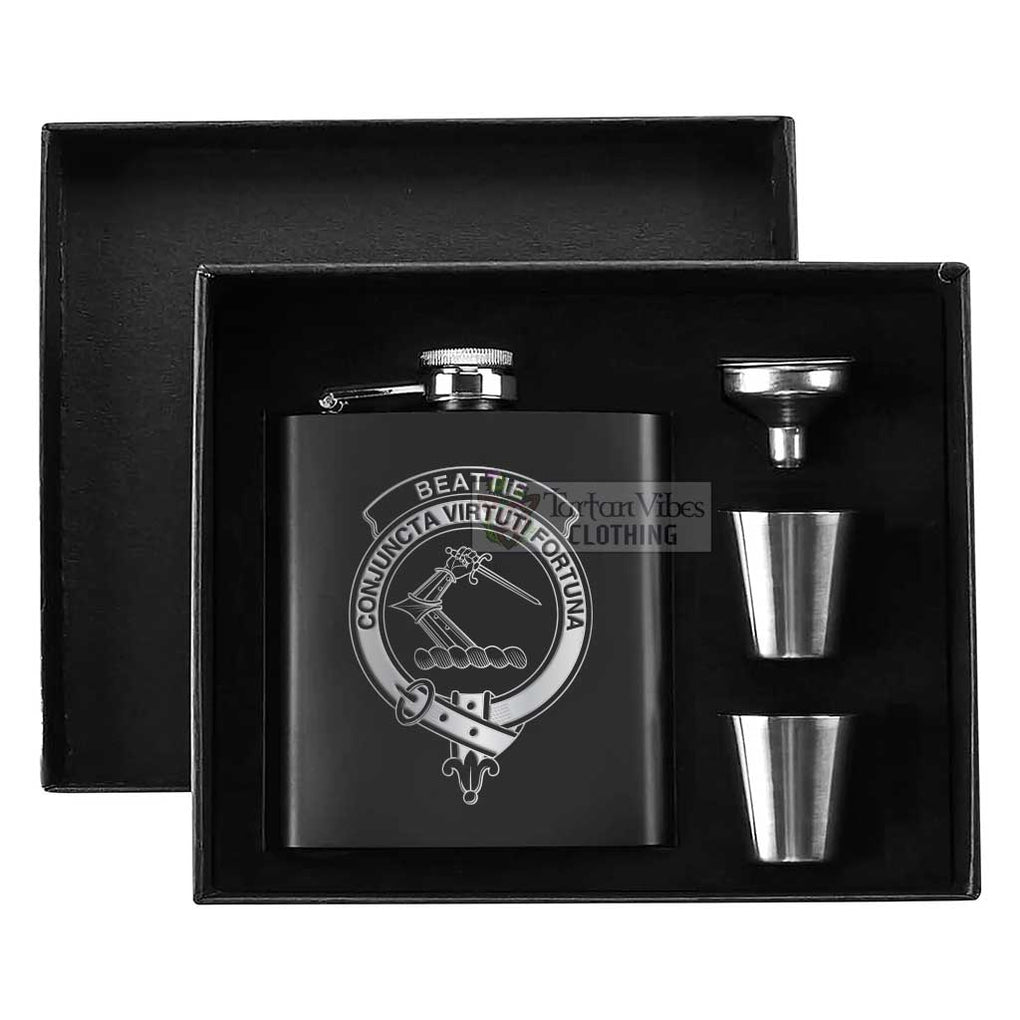Beattie (Beatty) Crest Hip Flask Set 7oz Black Stainless Steel with A Gift Box - 2D-tartanvibesclothing