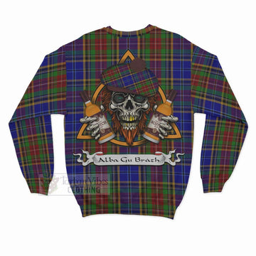 Beattie (Beatty) Tartan Sweatshirt with Family Crest and Bearded Skull Holding Bottles of Whiskey - Tartan Vibes Clothing