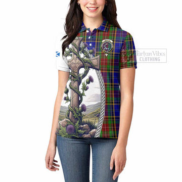 Beattie (Beatty) Tartan Women's Polo Shirt with Family Crest and St. Andrew's Cross Accented by Thistle Vines - Tartan Vibes Clothing