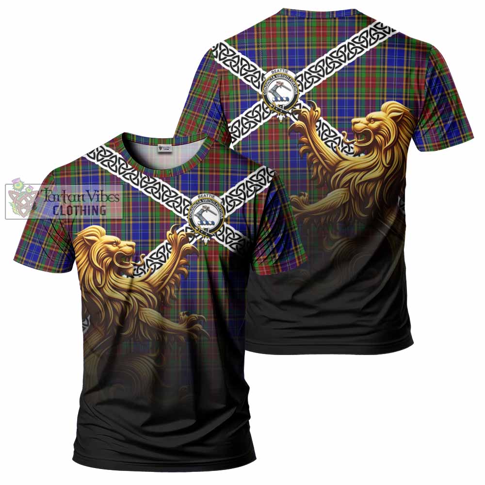 Beattie (Beatty) Crest Tartan T-Shirt with Golden Lion Emblem Celtic Style - Tartan Vibes Clothing