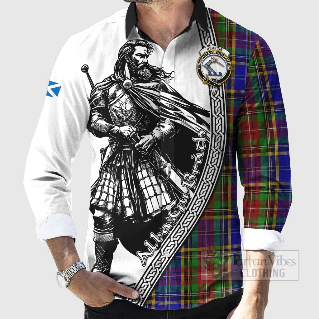 Beattie (Beatty) Tartan Clan Crest Long Sleeve Button Shirt with Highlander Warrior Celtic Style - Tartan Vibes Clothing