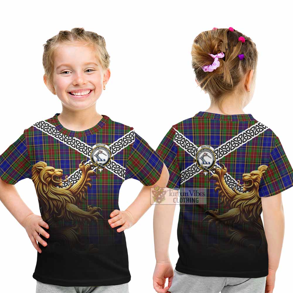 Beattie (Beatty) Crest Tartan Kid T-Shirt with Golden Lion Emblem Celtic Style - Tartan Vibes Clothing