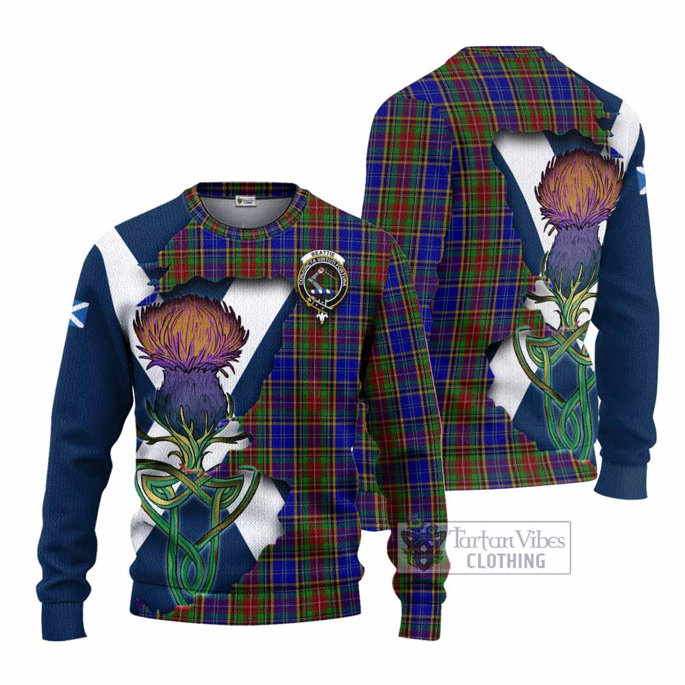 Tartan Vibes Clothing Beattie (Beatty) Tartan Family Crest Knitted Sweater Scottish Thistle Celtic Inspired