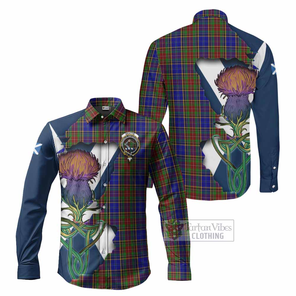 Tartan Vibes Clothing Beattie (Beatty) Tartan Family Crest Long Sleeve Button Shirt Scottish Thistle Celtic Inspired