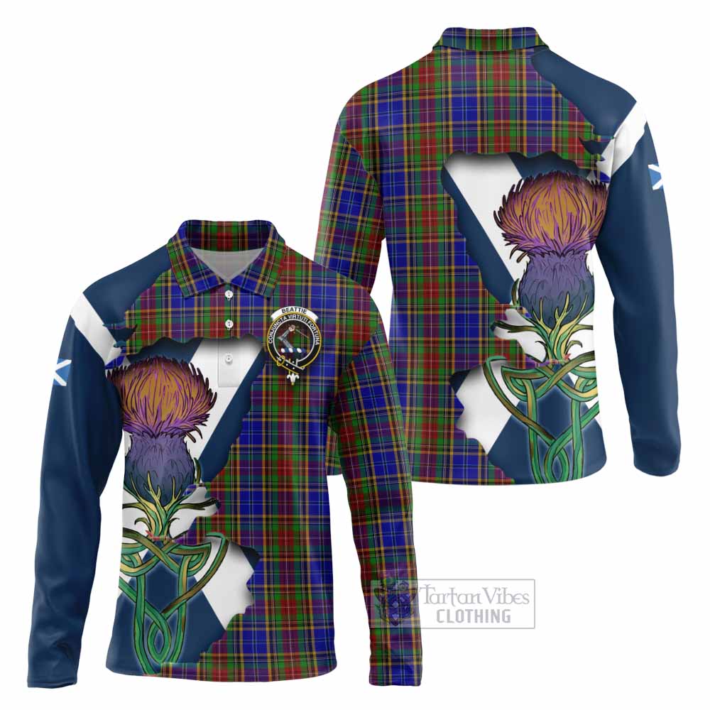 Tartan Vibes Clothing Beattie (Beatty) Tartan Family Crest Long Sleeve Polo Shirt Scottish Thistle Celtic Inspired