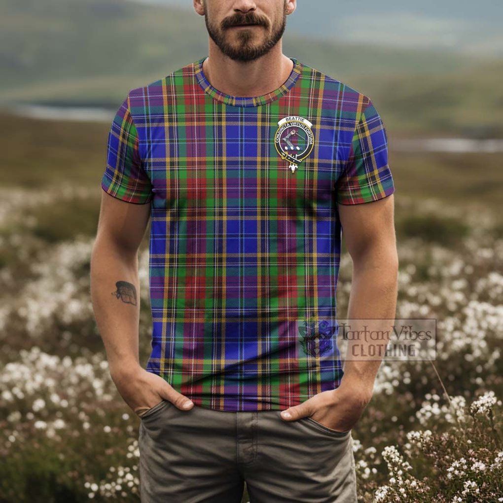 Tartan Vibes Clothing Beattie (Beatty) Tartan T-Shirt with Family Crest and Bearded Skull Holding Bottles of Whiskey