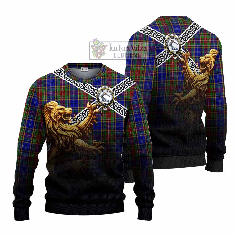 Beattie (Beatty) Crest Tartan Knitted Sweater with Golden Lion Emblem Celtic Style - Tartan Vibes Clothing