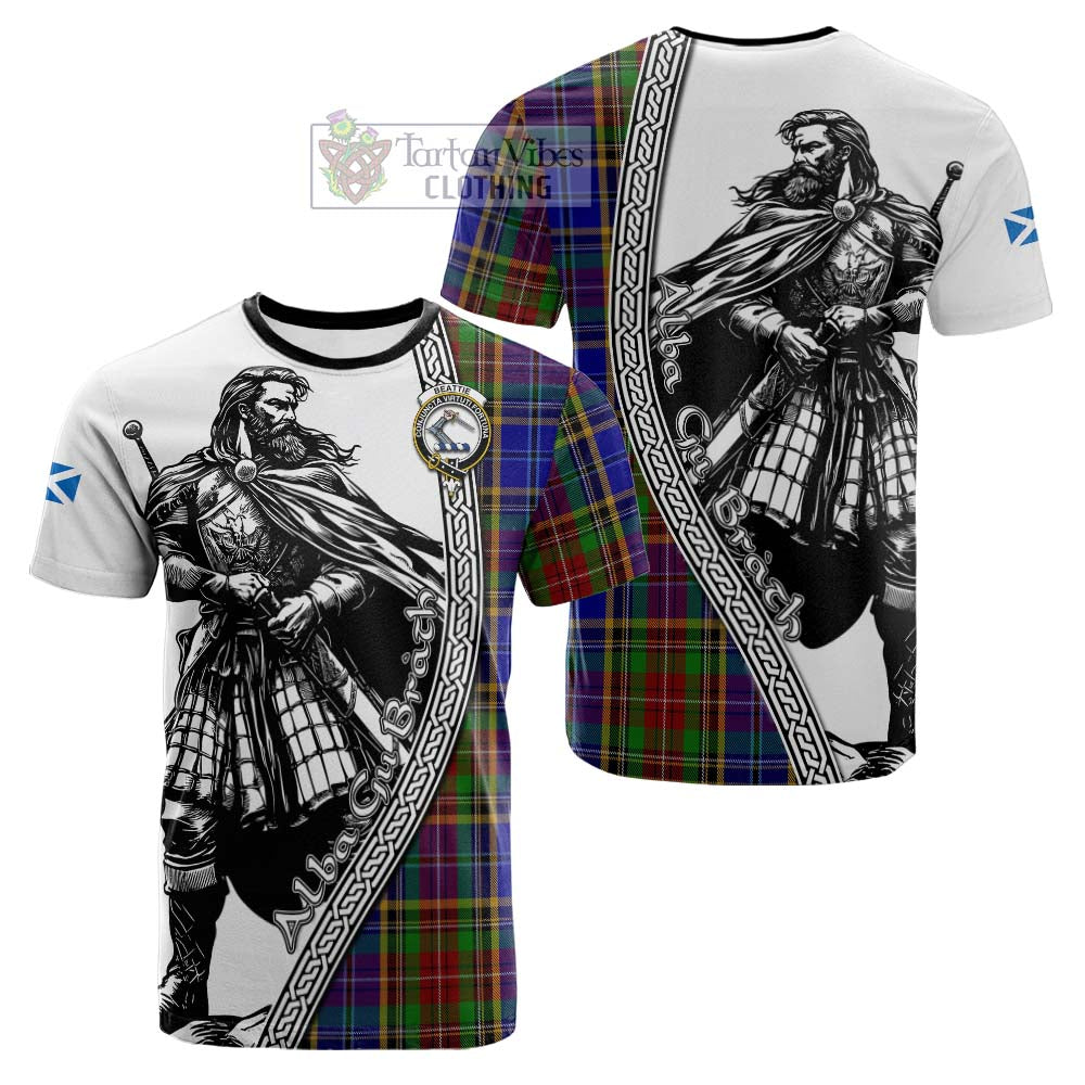 Beattie (Beatty) Tartan Clan Crest Cotton T-shirt with Highlander Warrior Celtic Style