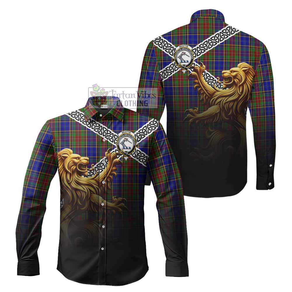 Beattie (Beatty) Crest Tartan Long Sleeve Button Shirt with Golden Lion Emblem Celtic Style - Tartan Vibes Clothing