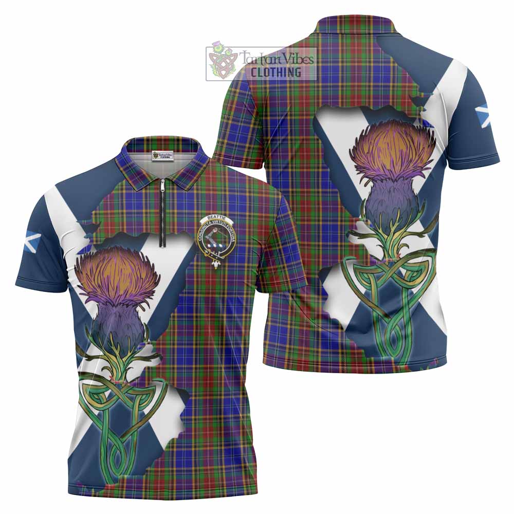 Tartan Vibes Clothing Beattie (Beatty) Tartan Family Crest Zipper Polo Shirt Scottish Thistle Celtic Inspired