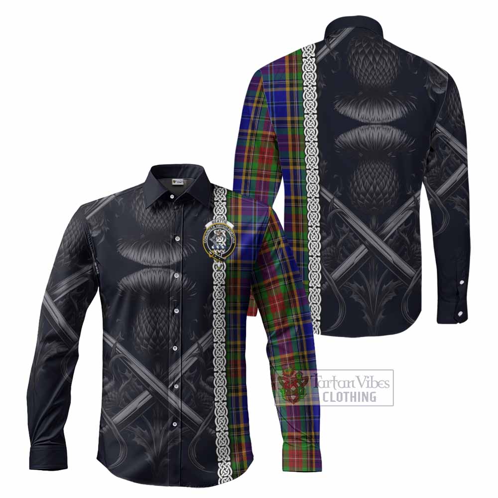 Tartan Vibes Clothing Beattie (Beatty) Tartan Long Sleeve Button Shirt with Family Crest Cross Sword Thistle Celtic Vibes
