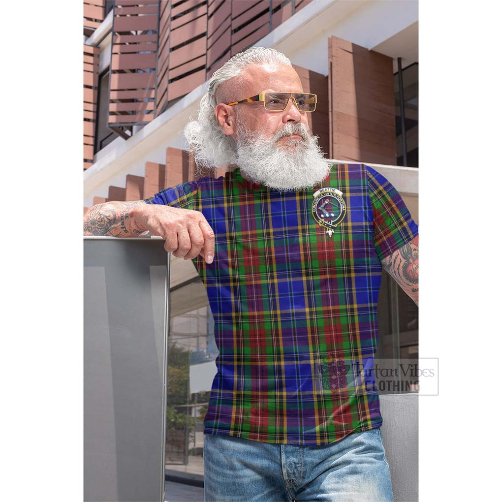 Tartan Vibes Clothing Beattie (Beatty) Tartan Cotton T-shirt with Family Crest and Bearded Skull Holding Bottles of Whiskey