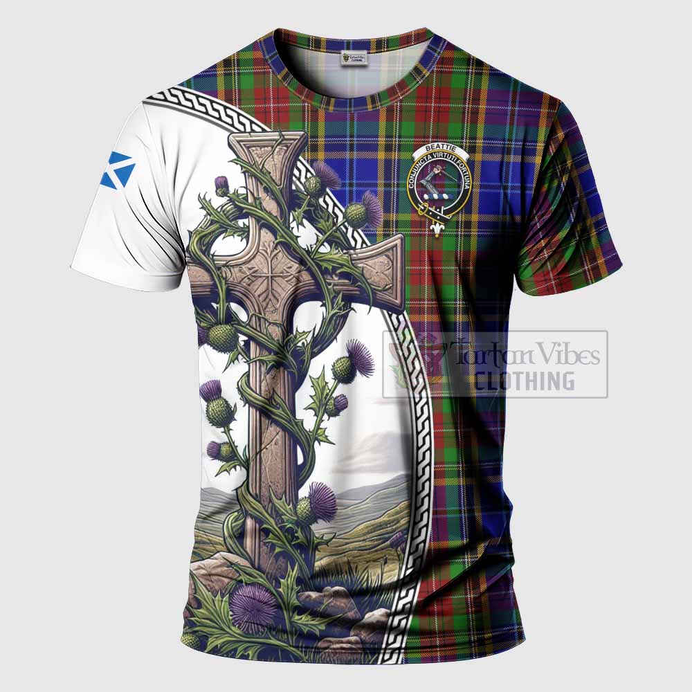 Tartan Vibes Clothing Beattie (Beatty) Agnew Tartan T-Shirt with Family Crest and St. Andrew's Cross Accented by Thistle Vines