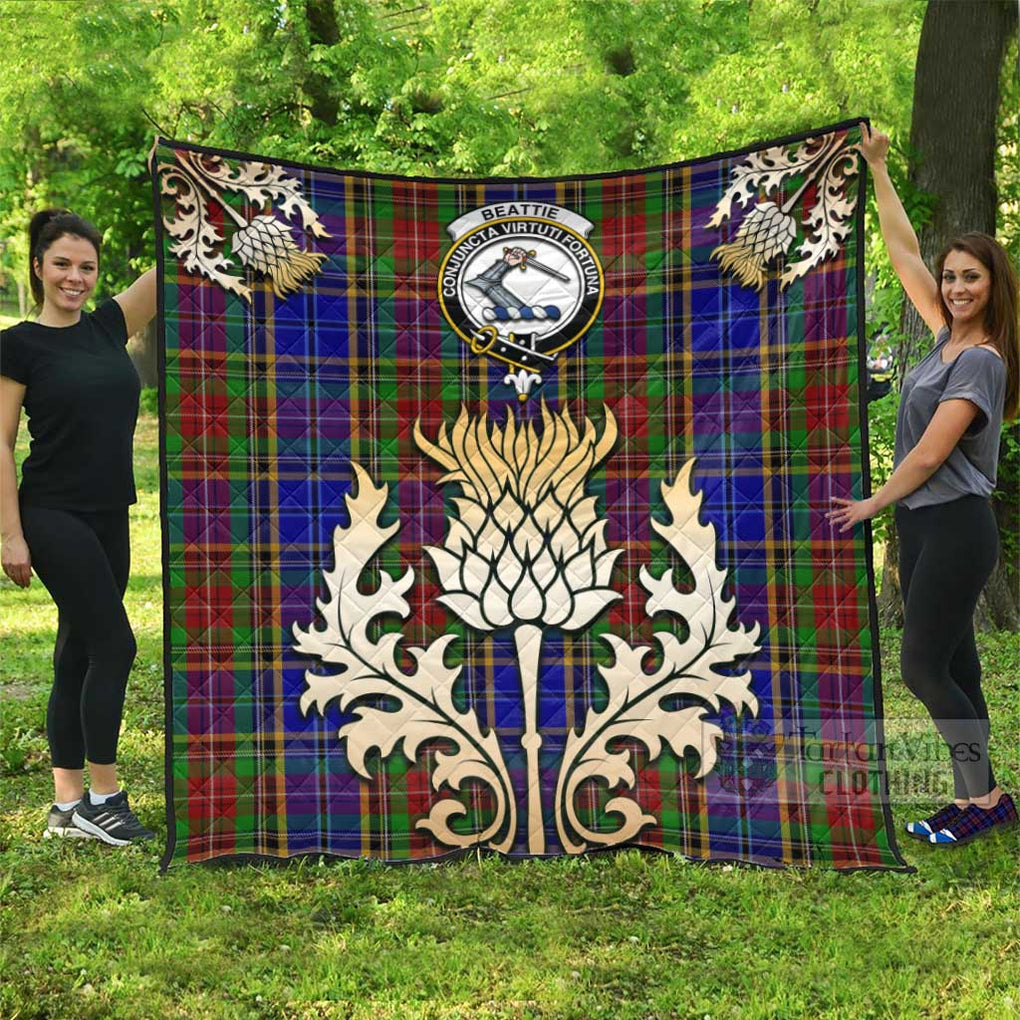 Beattie (Beatty) Tartan Quilt with Family Crest and Golden Thistle Style - Tartan Vibes Clothing