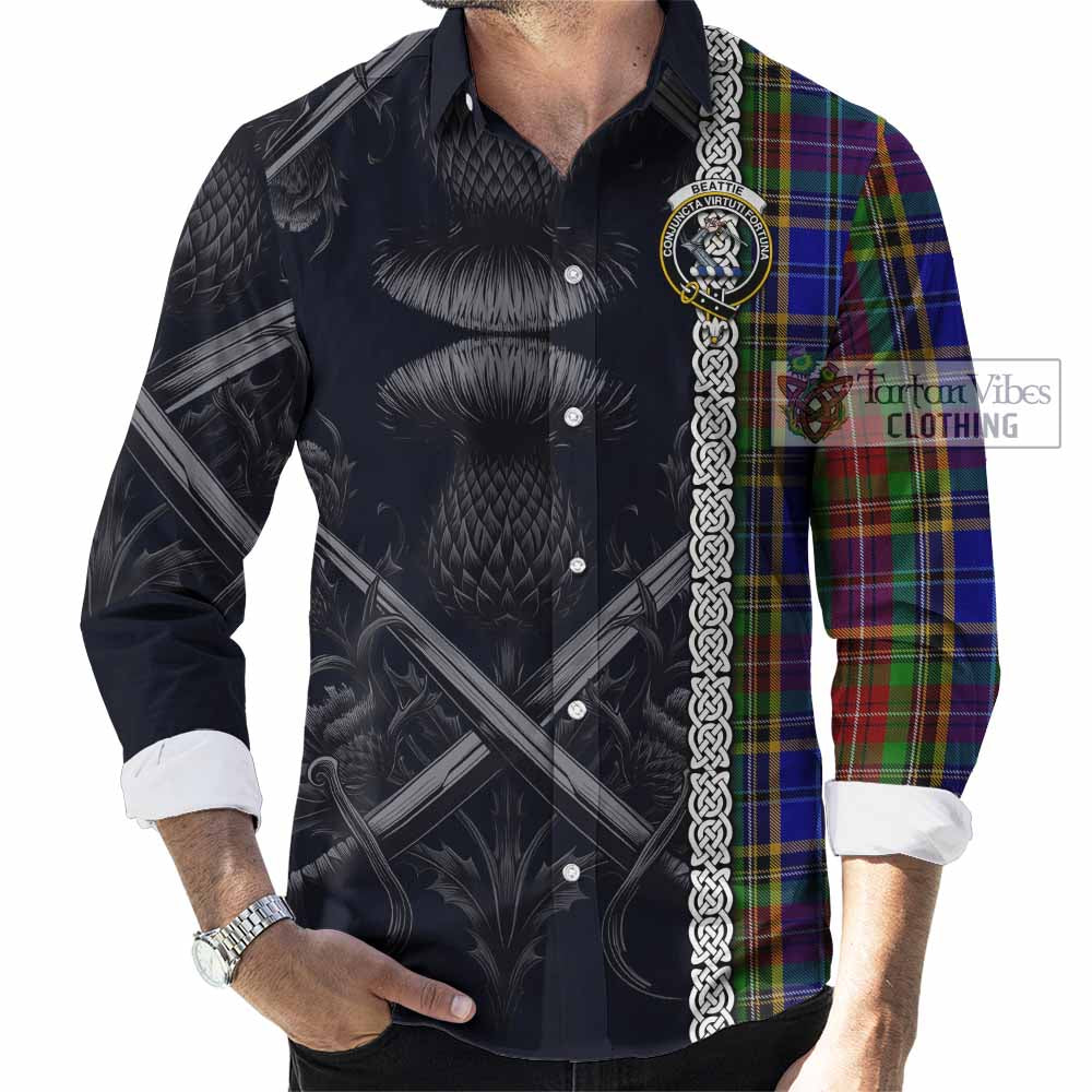 Tartan Vibes Clothing Beattie (Beatty) Tartan Long Sleeve Button Shirt with Family Crest Cross Sword Thistle Celtic Vibes