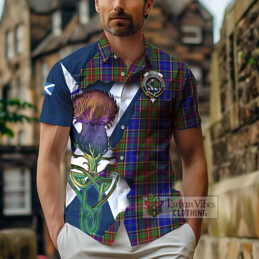 Tartan Vibes Clothing Beattie (Beatty) Tartan Family Crest Short Sleeve Button Shirt Scottish Thistle Celtic Inspired