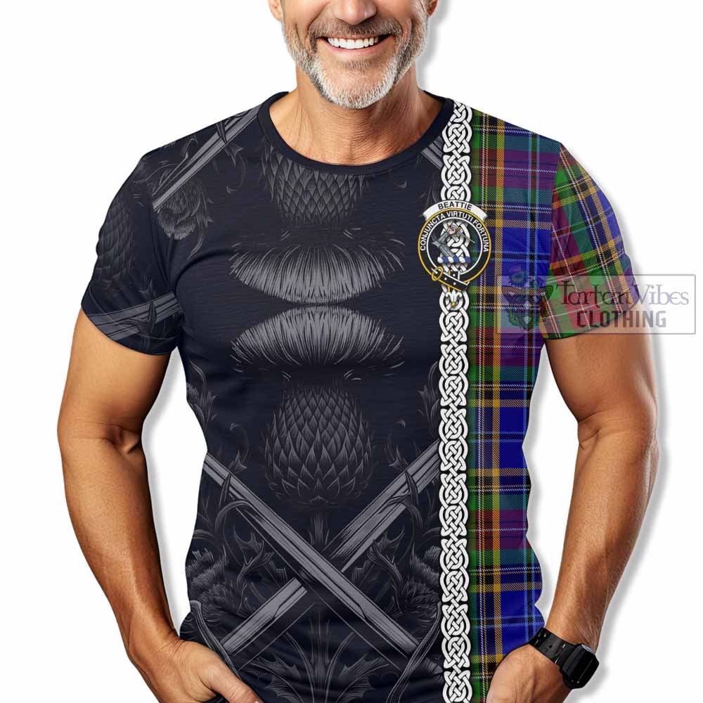 Tartan Vibes Clothing Beattie (Beatty) Tartan T-Shirt with Family Crest Cross Sword Thistle Celtic Vibes