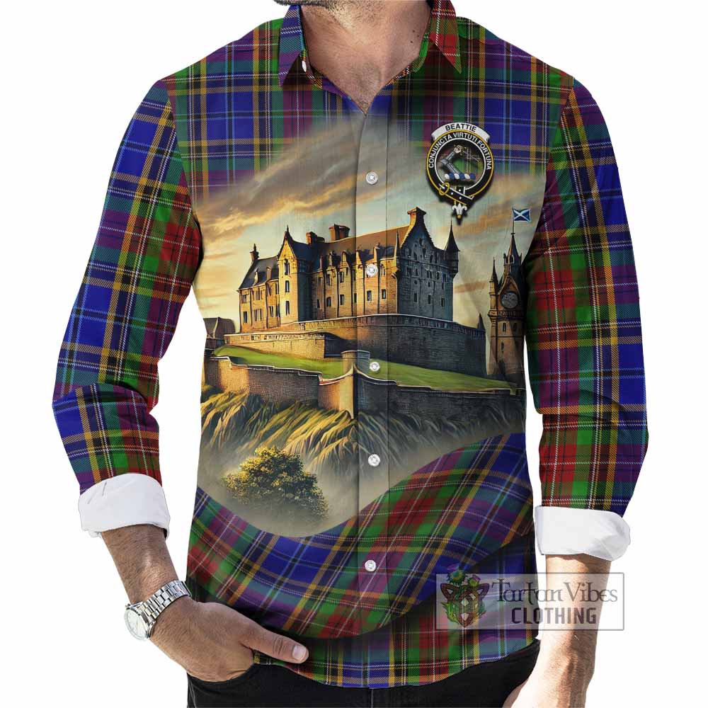 Tartan Vibes Clothing Beattie (Beatty) Tartan Family Crest Long Sleeve Button Shirt with Scottish Ancient Castle Style