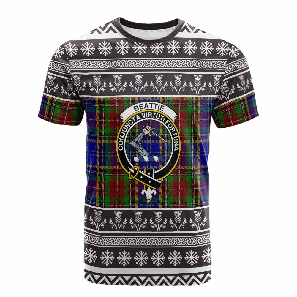 Beattie (Beatty) Clan Tartan Christmas Cotton T-shirt with Family Crest - Tartan Vibes Clothing