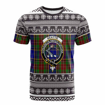 Beattie (Beatty) Clan Tartan Christmas Cotton T-shirt with Family Crest