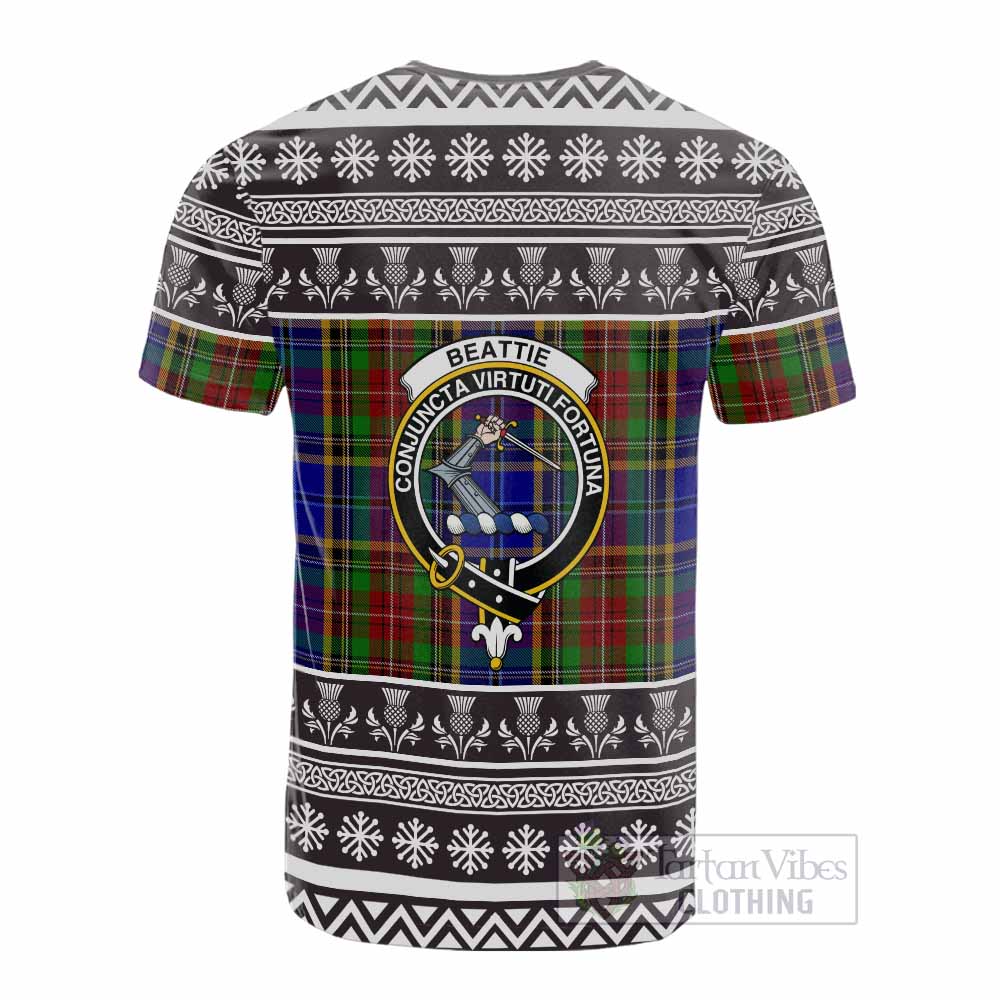 Beattie (Beatty) Clan Tartan Christmas Cotton T-shirt with Family Crest - Tartan Vibes Clothing