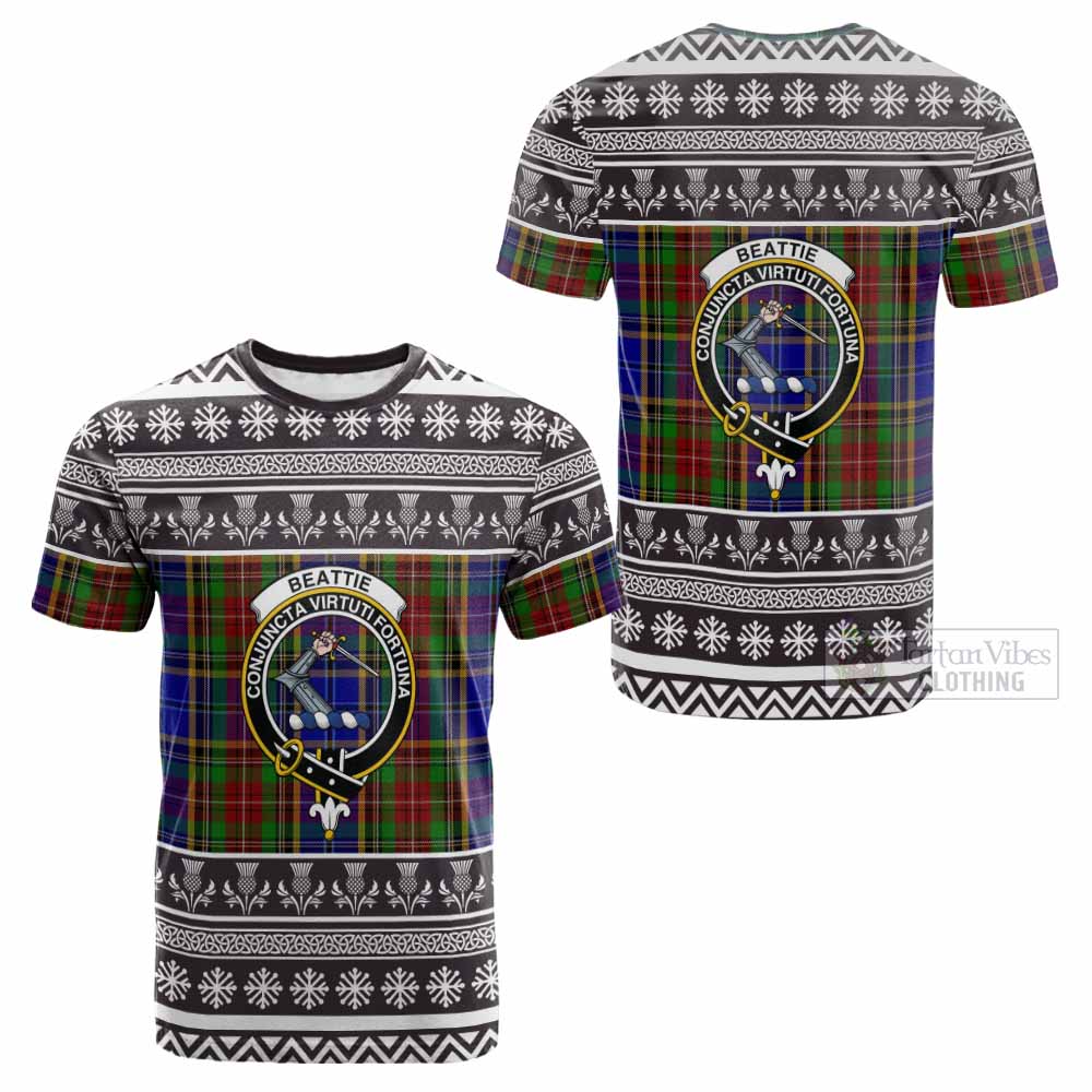 Beattie (Beatty) Clan Tartan Christmas Cotton T-shirt with Family Crest - Tartan Vibes Clothing