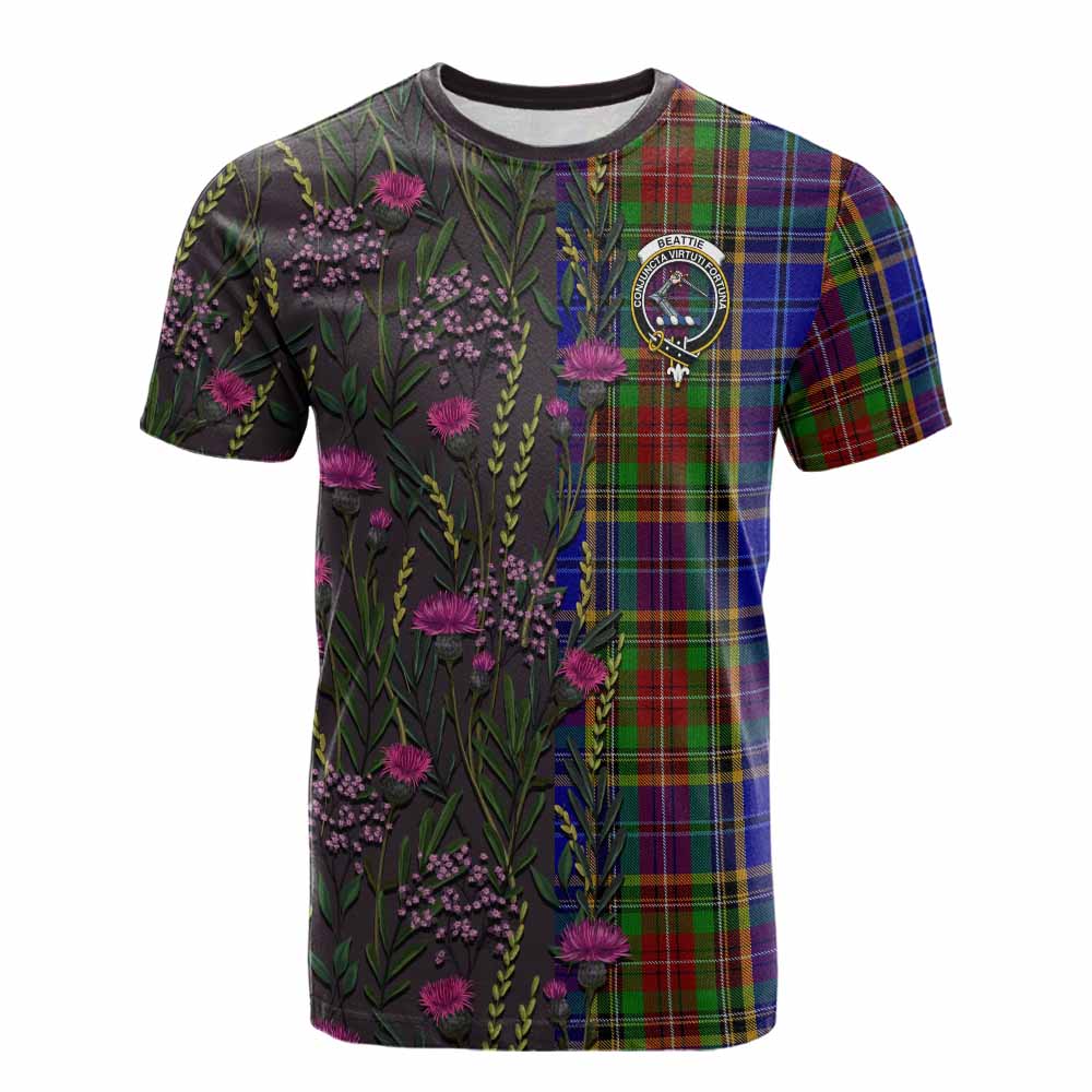 Beattie (Beatty) Family Crest Tartan Cotton T-shirt Scottish Thistle Flower Pattern Half Style - Tartan Vibes Clothing