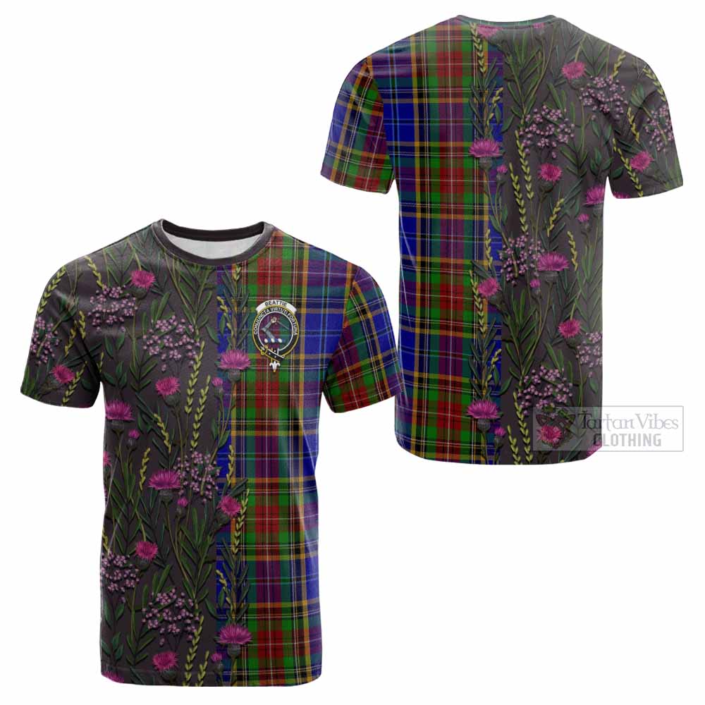 Beattie (Beatty) Family Crest Tartan Cotton T-shirt Scottish Thistle Flower Pattern Half Style - Tartan Vibes Clothing