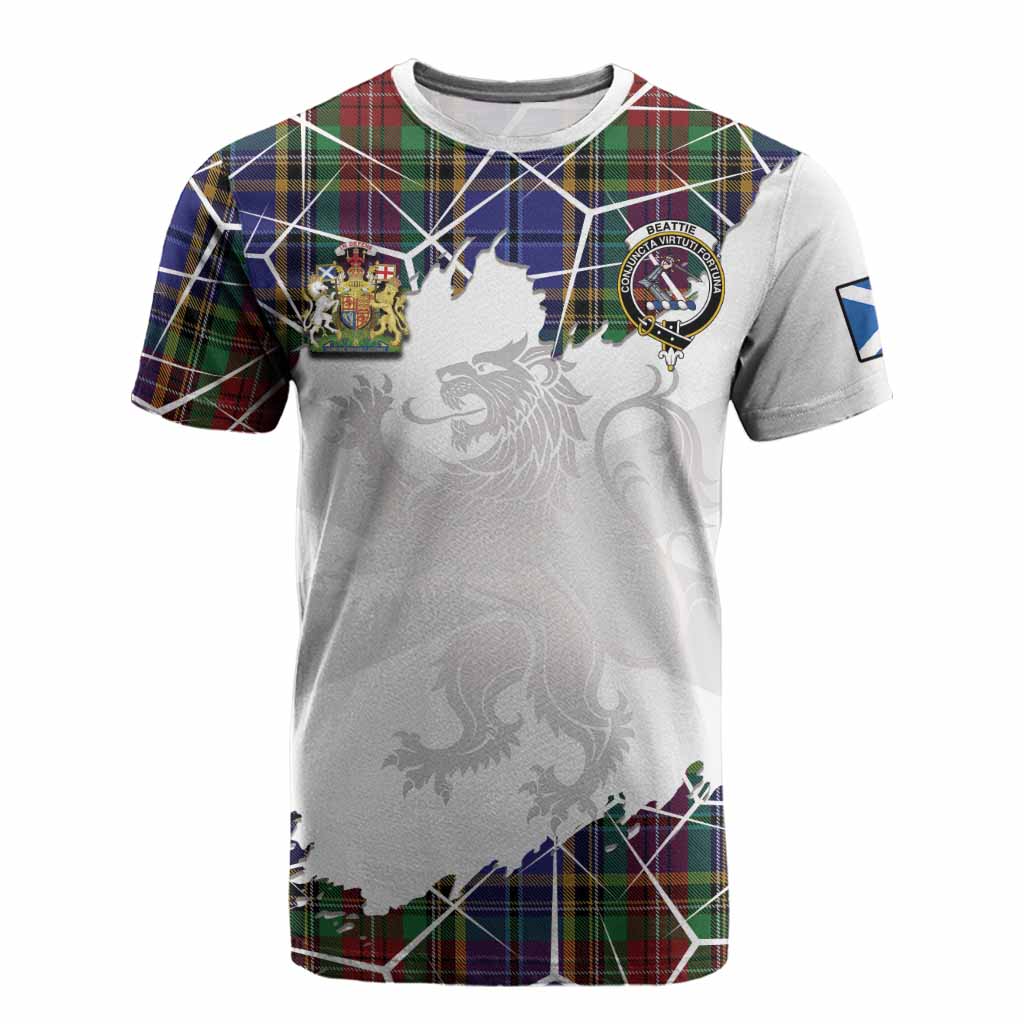 Beattie (Beatty) Tartan Cotton T-shirt with Family Crest and Lion Rampant Grunge Style