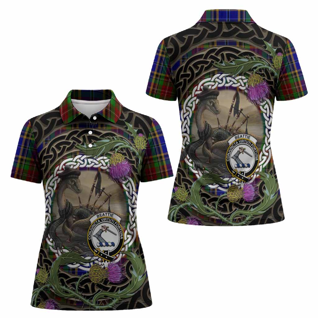 Beattie (Beatty) Tartan Crest Bagpipe Nessie Women Polo Shirt Scottish Loch Ness Monster Celtic Thistle