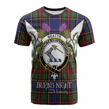 Beattie (Beatty) Tartan Family Crest Cotton T-shirt Scottish Burns Night Thistle Floral