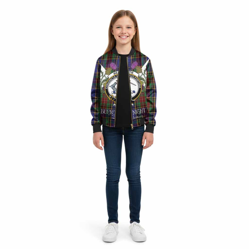 Beattie (Beatty) Tartan Family Crest Kid Bomber Jacket Scottish Burns Night Thistle Floral