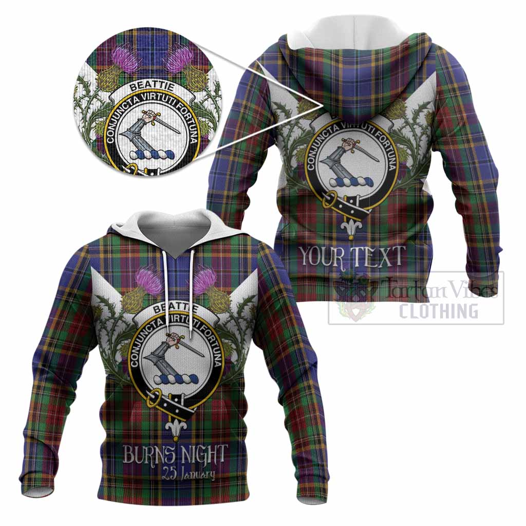 Beattie (Beatty) Tartan Family Crest Knitted Hoodie Scottish Burns Night Thistle Floral
