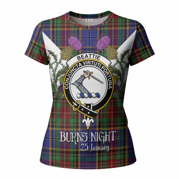 Beattie (Beatty) Tartan Family Crest Women T shirt Scottish Burns Night Thistle Floral