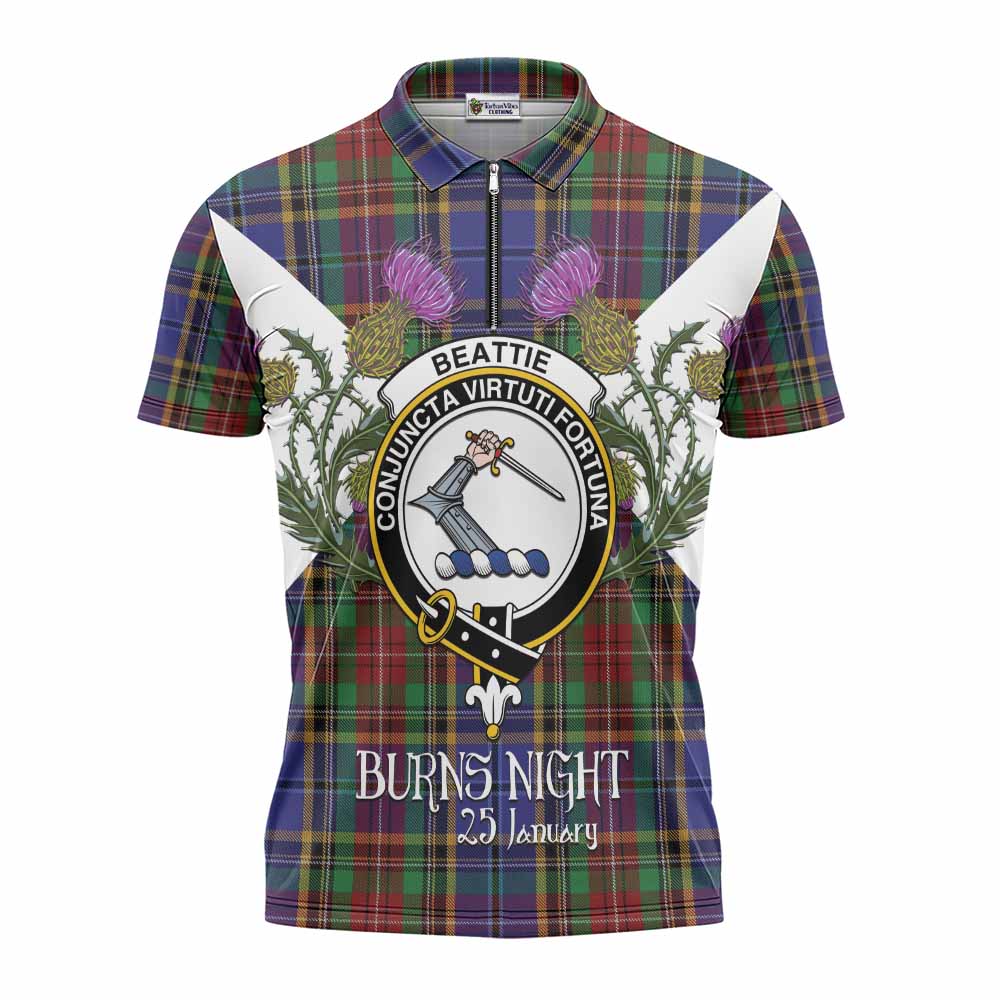 Beattie (Beatty) Tartan Family Crest Zipper Polo Shirt Scottish Burns Night Thistle Floral