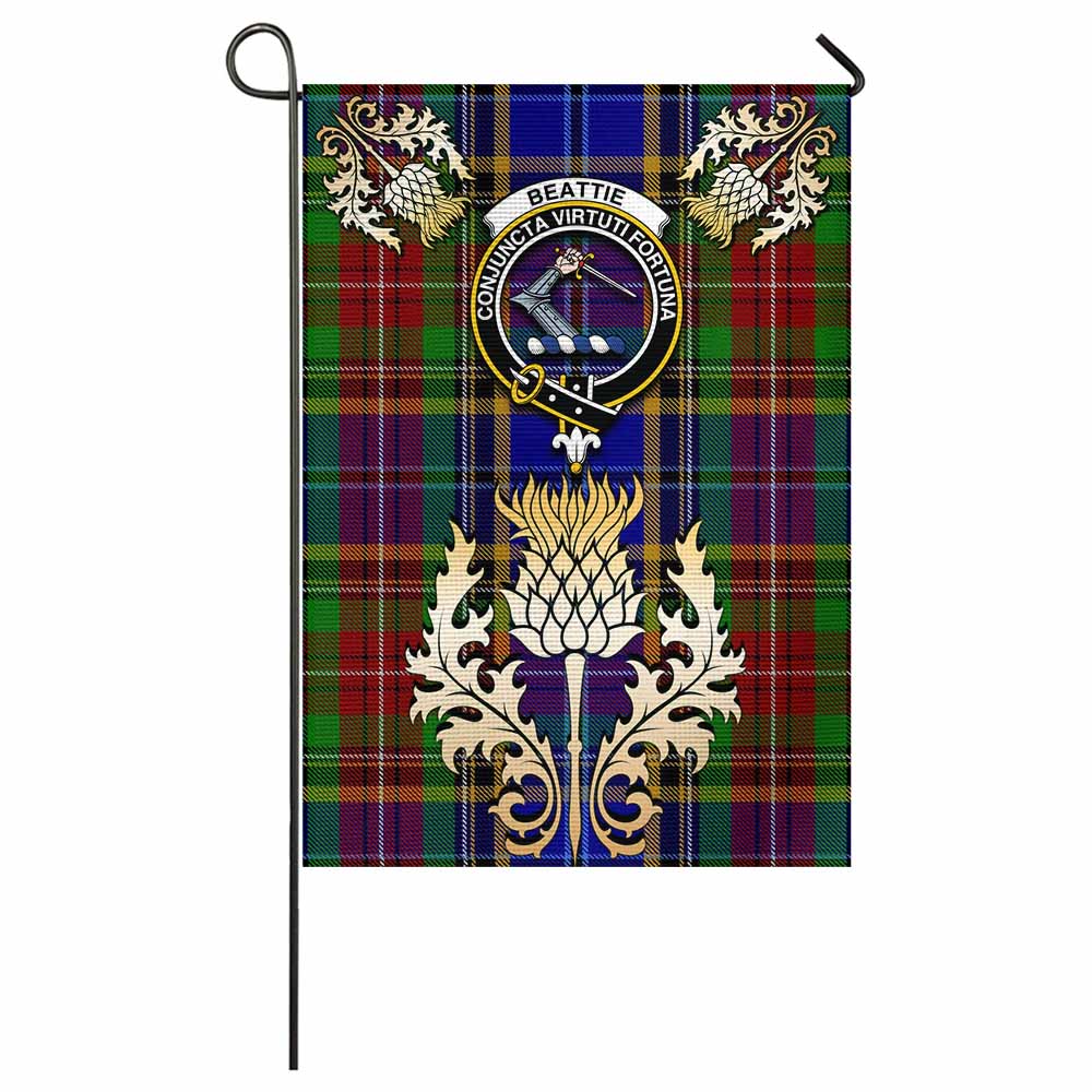Beattie (Beatty) Tartan Garden Flag with Golden Regal Scottish Thistle Emblem - Tartan Vibes Clothing